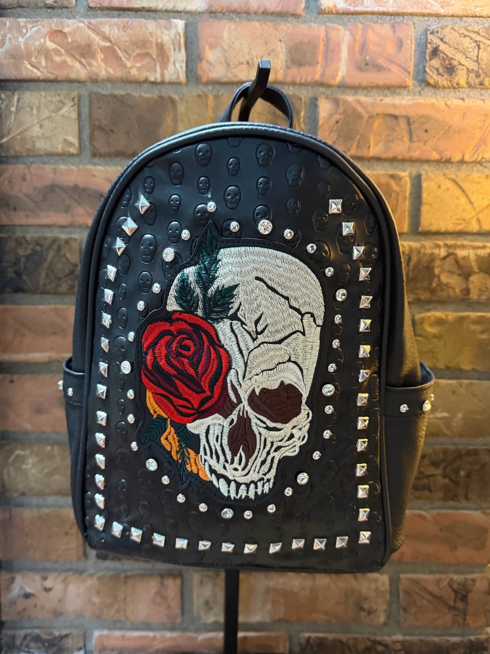 Black Mini Backpack with Embroidered Skull & Red Rose NWOT